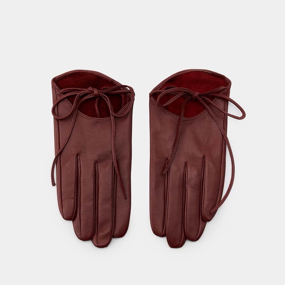 ZARA LEATHER BURGUNDY GLOVES WITH TIE NWT